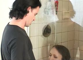 Dude became very horny when he saw his pretty young girlfriend taking shower and decided to polish her butt losing no ti