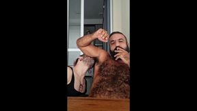 serving a sweaty muscle bear after work