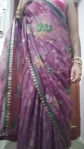 Indian Gay Crossdresser Bottom Gaurisissy Pressing and Playing with Her Big Boobs in Purple Saree with Heavy Jwellery