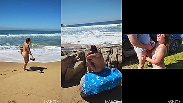 Fui reconhecida por um fã na praia de nudismo que ficou de pau duro e gozou em mim