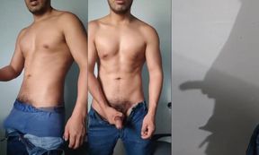 Muscle stud jerks his big cock into the air and blasts a thick cumshot all over