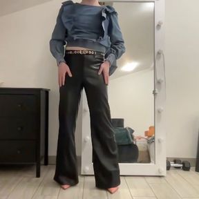 Sissy in leather flare bootcut trousers and jeans blouse