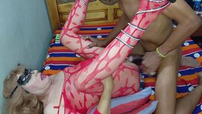 a sexy crossdresser in red fishnets and beautiful black heels gets fucked by a stud with a huge 25 cm cock, making her cum intensely. part 2.