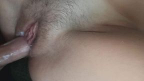 Creamy white pussy drips on hard dick in close-up view