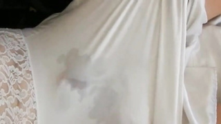 White nylon slip wank & cum 6