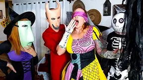 Stepfamily Halloween prank war turns into a wild freeuse fuck fest with stepmom joining in