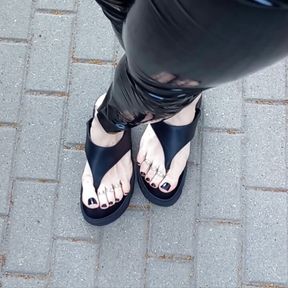 public crossdressing - platform thongs and latex leggings