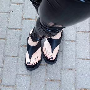 public crossdressing - platform thongs and latex leggings