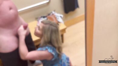 Blonde milf takes raw cum in the dressing room gulping down every drop
