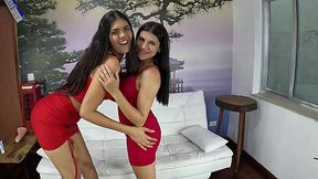 Amateur teen latinas share his dick between their holes in a couch threesome POV