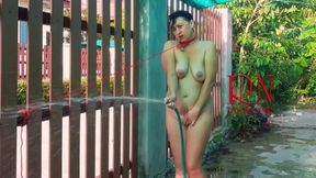 A Housekeeper In A Collar Is Tied With A Rope To The Fence Of The Yard