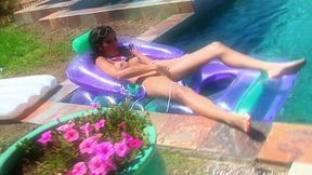 Dirty brunette bitch Kimberly Gates fucks hard in near the pool and gets fed with a jizz