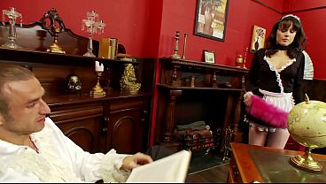 He rubs her cunt from behind as she bends over and moves her frilly skirt out of the way...