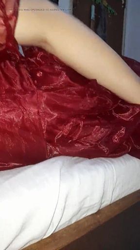 Masturbation Cum Wearing Shiny Red X'mas Dress