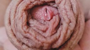 Close-up precum and cum horny uncut guy playing with long foreskin cumshot