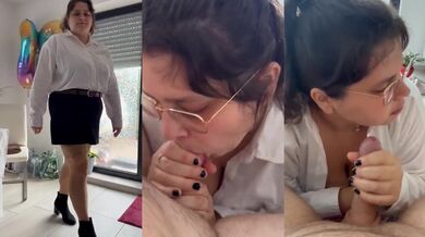 Amateur office secretary in high heels stockings slurps dick and chokes cum
