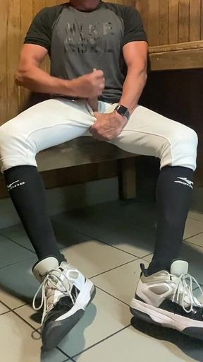 Buff Jacked Jockdad87 Edges in Baseball Gear in the Sauna