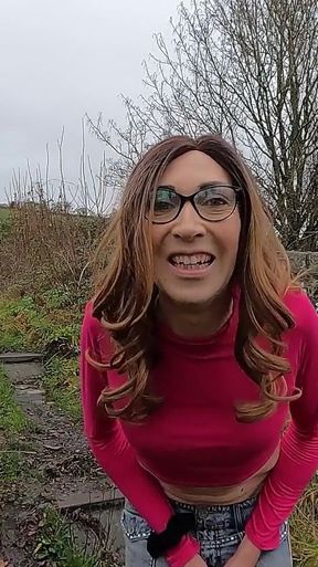 Trans Girl Flashing Her Red Topped Stockings