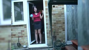Bare Legged and Dressed MILF Gets Naked While Dominating a Wimpy Nude Guy Who Masturbates for Her
