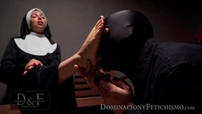 The nun hides small feet