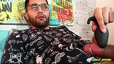 Massaging my big uncut cock with a strong vibrator until I peecum a nice one It felt so damn good!