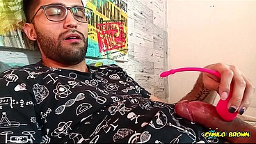 Massaging my big uncut cock with a strong vibrator until I peecum a nice one It felt so damn good!