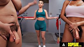OOPSIE - Two Babes Distract Nicole Aria's Gym Session Turning Into a Futa Threesome Cum Fest