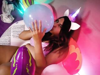 Pop Balloons Riding My Large Inflatable Unicorn - Bunny Looner