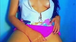 Sweaty brunette teen strips on webcam and blows dildo