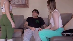 Busted jerking off, then my girl and her hot friend tag-teamed my cock till their mouths were dripping cum