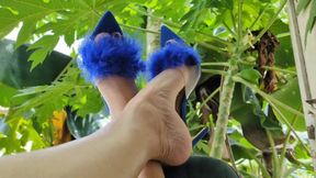 Katherine sexy high foot arches teasing on blue high heel sandals