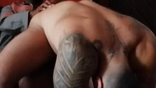 Amateur homemade POV of hairy black tattooed hunks in uniforms taking it raw outdoors