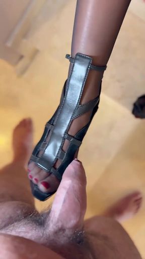 Tina in High Heels, Black Nylon Stockings, Undressing, Jerking Loulou with Her Feet and Heels, Sucking and Fucking...