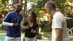 brown skin ebony bitch with round ass seduce to interracial anal and dp threesome fuck by two monster cock