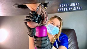 Hot nurse milks chastity slave's big load with a vibe wand