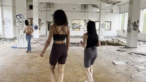 Two Mistresses hard ballbusting, kicks to the crotch in abandoned place.