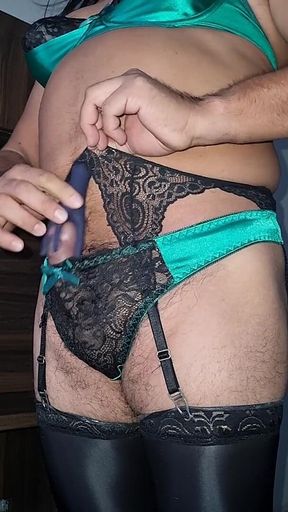 Green Satin Tights with Black Lace, Sissycum with Vibrator