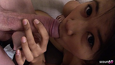 Small Asian Thai Whore Gagging while massive Facial Cumshot by Big Dick White Tourist in Thailand