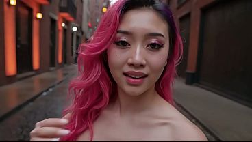Pink Hair Asian Slut in Public Rainy Street [AI Generated]