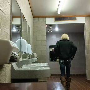 Sensualmaddy Sexy Crossdresser Cumming in woman&#039;s restroom at public rest stop