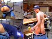 Crazy welder stretches his ass with a plug all day at work