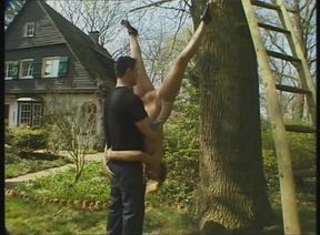 Big natural boobs humiliating dildo penetrated in hanging out, outside whipping threesome