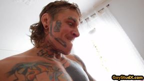 Dominant tattooed jock barebacks stud after spanking