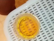 Morning pee to the glass from unwashed uncut cock