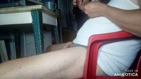 Sugar daddy masturbating on coffe table.