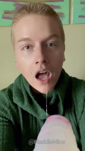 Ginger Milf spits and gags on giant dildo