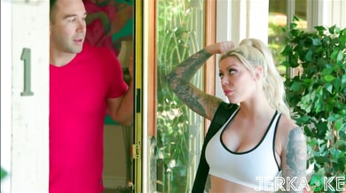 Tattooed curvy blonde Karma Rx ignites hot yoga session with muscular partner