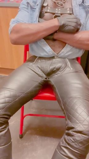 Leather Jeans Wank and Open Shirt Gay Porn Edging Session