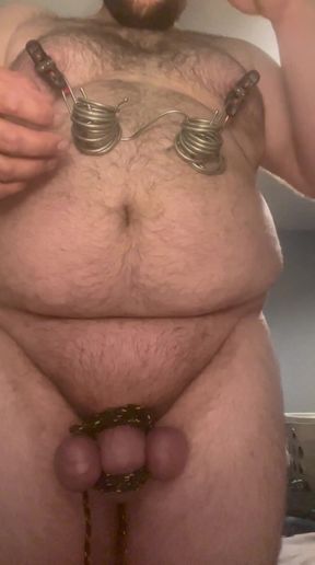 Cock and Ball Bondage Acting as Chastity with Nipple Clamps Butt Plug and Crossdressing