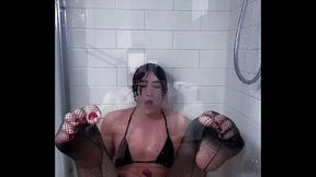 Solo sensual femboy showers in fishnets huge cumshot